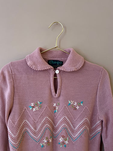 Collar Embroidered Knit Vintage Sweater S