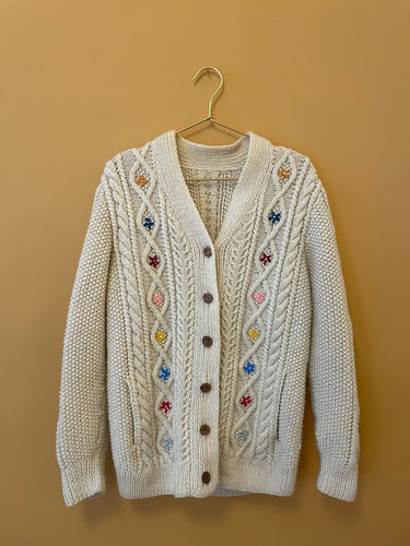 Embroidered Cable Vintage Cream Cardigan L