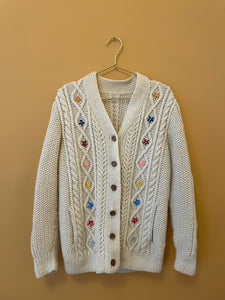 Embroidered Cable Vintage Cream Cardigan L