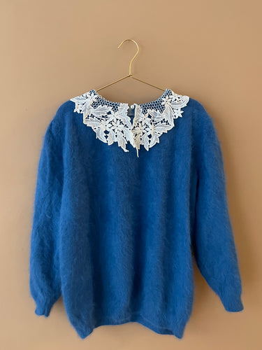 Lace Collar Blue Mohair Jumper L