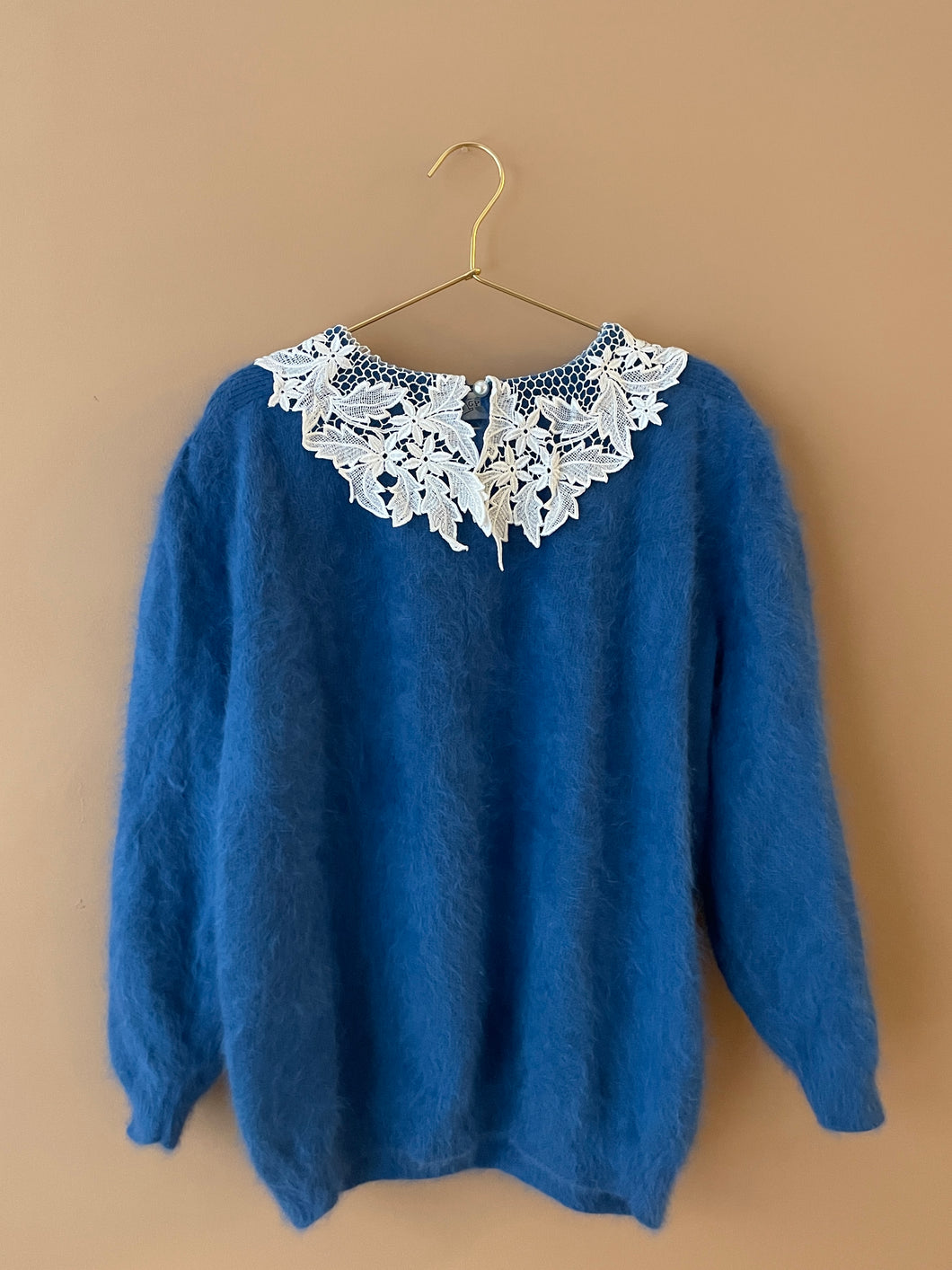 Lace Collar Blue Mohair Jumper L