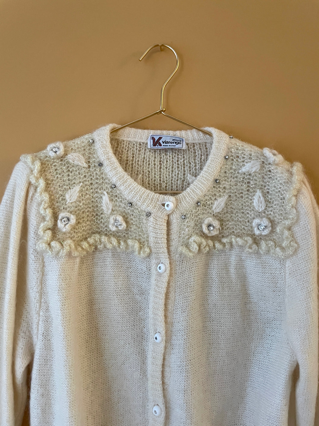 Embroidered Lurex Vintage Cream Cardigan L