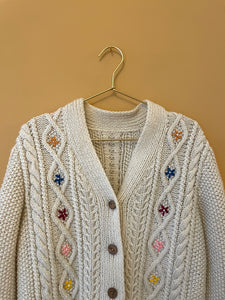 Embroidered Cable Vintage Cream Cardigan L