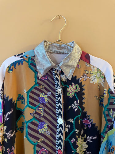 Gold Collar Crazy Print Vintage Silk Shirt M