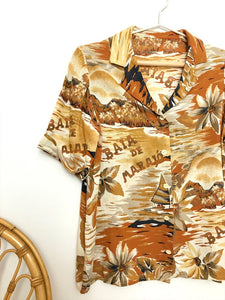 Sand Tropical Print Vintage Aloha Shirt S-M
